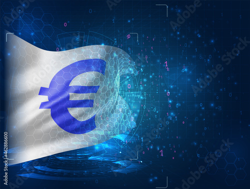 euro currency on vector 3d flag on blue background with hud interfaces