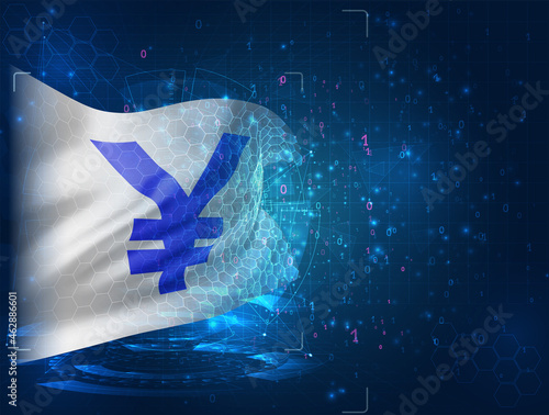 yen currency on vector 3d flag on blue background with hud interfaces