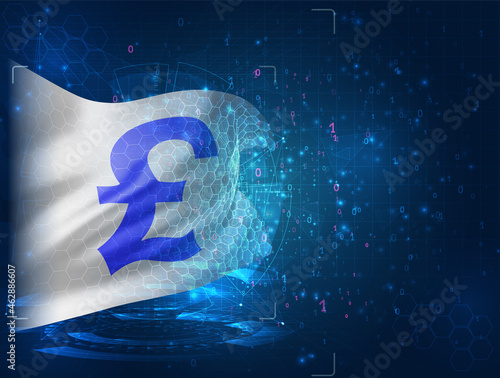 currency pounds on vector 3d flag on blue background with hud interfaces
