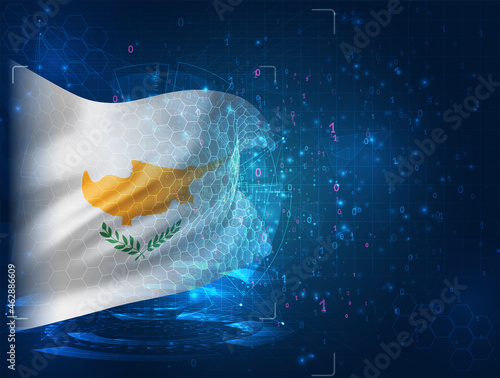 Cyprus, vector 3d flag on blue background with hud interfaces