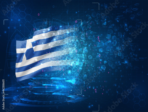 Greece, vector 3d flag on blue background with hud interfaces