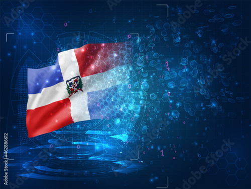 Dominican Republic, vector 3d flag on blue background with hud interfaces