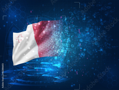 Malta, vector 3d flag on blue background with hud interfaces