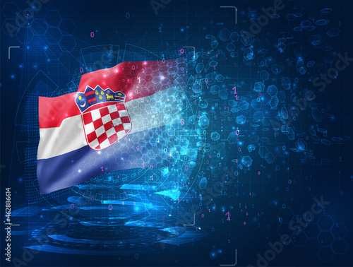 Croatia, vector 3d flag on blue background with hud interfaces