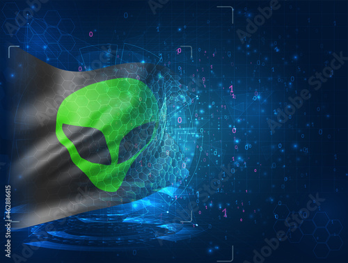 green alien from space vector 3d flag on blue background with hud interfaces