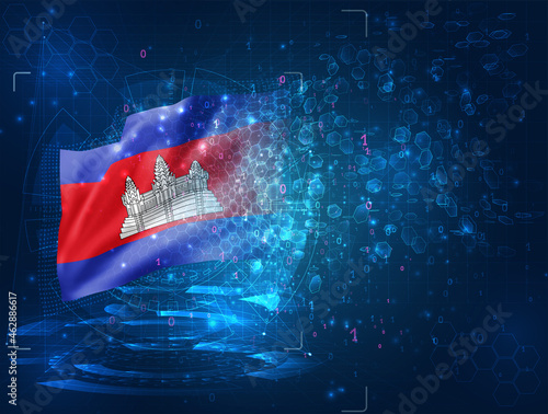 Cambodia, vector 3d flag on blue background with hud interfaces