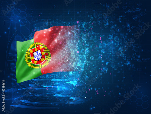 Portugal, vector 3d flag on blue background with hud interfaces