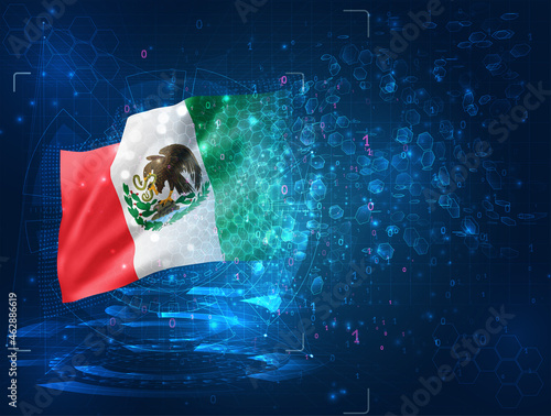 Mexico, vector 3d flag on blue background with hud interfaces