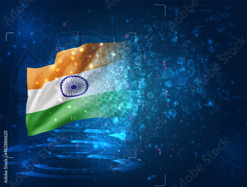 Fototapeta Naklejka Na Ścianę i Meble -  India, vector 3d flag on blue background with hud interfaces