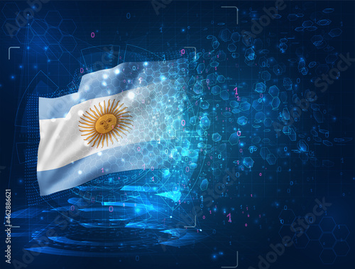 Argentina, vector 3d flag on blue background with hud interfaces