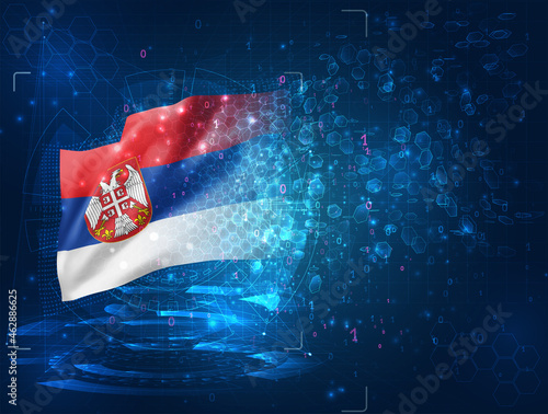 Serbia, vector 3d flag on blue background with hud interfaces
