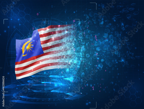 Malaysia, vector 3d flag on blue background with hud interfaces