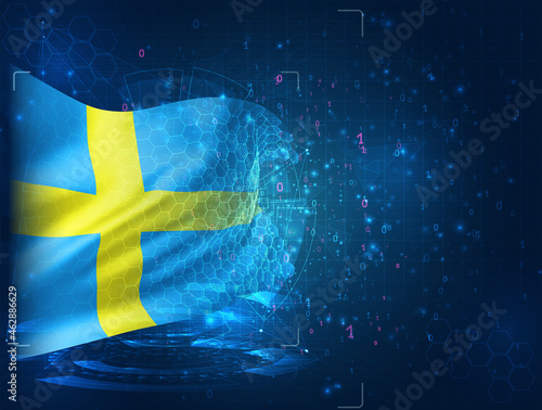 Sweden,  vector 3d flag on blue background with hud interfaces