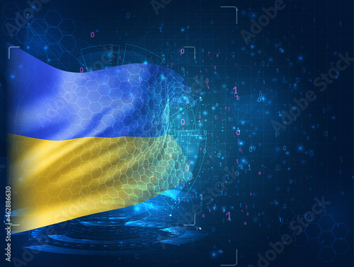 Ukraine, vector 3d flag on blue background with hud interfaces