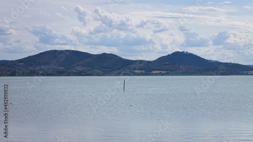 A wooden pole that emerges from the surface of Lake Trasimeno (Umbria, Italy, Europe)