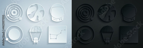 Set Space capsule and parachute, Astronaut helmet, Satellites orbiting the planet Earth, Great Bear constellation, Planet and Solar system icon. Vector