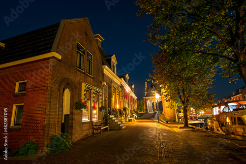 Medieval houses in the historical town Sneek in the Netherlands at night