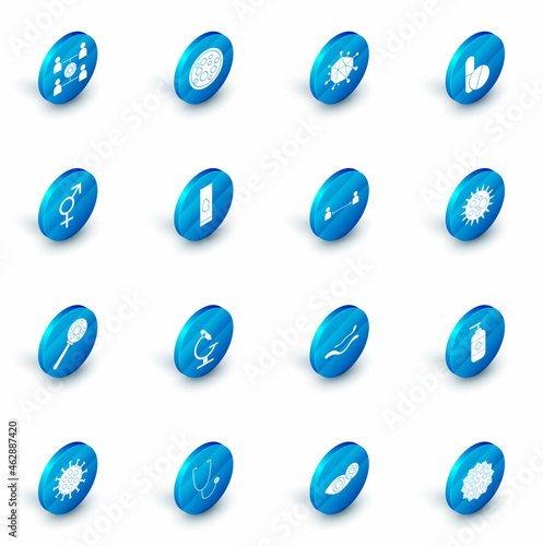Set Virus, Medicine pill or tablet, Gender, under magnifying glass, Blood test and virus, and Safe distance icon. Vector