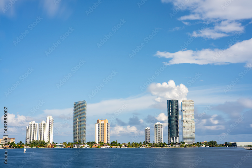 View of Sunny Isles Beach highrise condos with Dumfoundling Bay in foreground