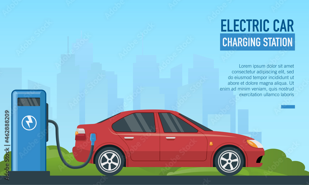 Flat vector illustration of electric car charging station. Suitable for