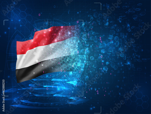 Yemen ,vector 3d flag on blue background with hud interfaces