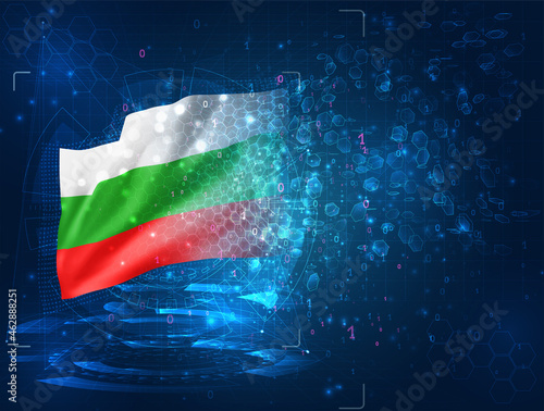 Bulgaria ,vector 3d flag on blue background with hud interfaces