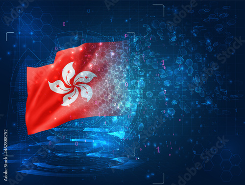 Hong Kong, vector 3d flag on blue background with hud interfaces