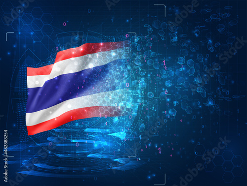 thailand, vector 3d flag on blue background with hud interfaces