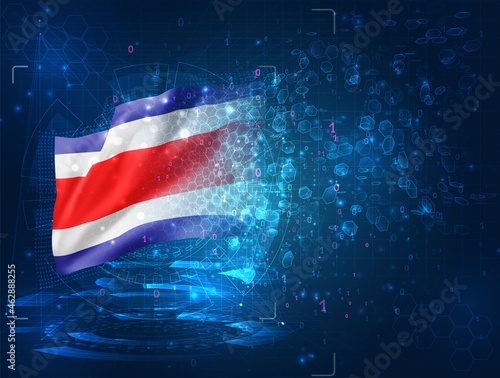 Costa Rica, vector 3d flag on blue background with hud interfaces