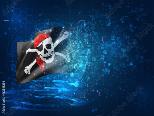 skull with pirate bones vector 3d flag on blue background with hud interfaces