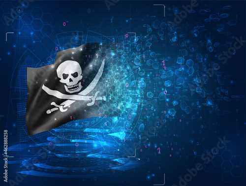 skull with pirate bones vector 3d flag on blue background with hud interfaces