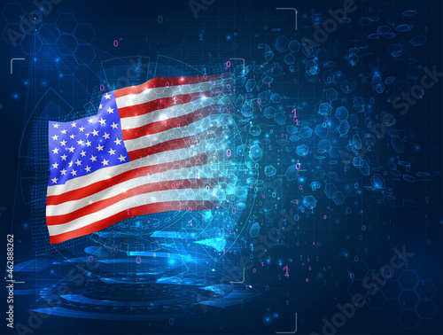 usa, america, vector 3d flag on blue background with hud interfaces