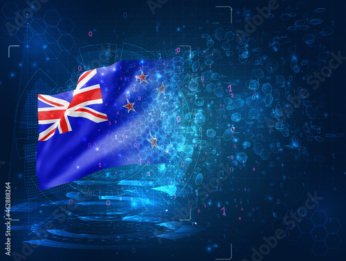 new Zealand, vector 3d flag on blue background with hud interfaces