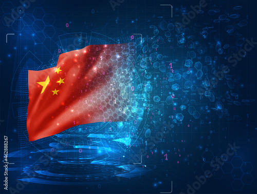 China, vector 3d flag on blue background with hud interfaces