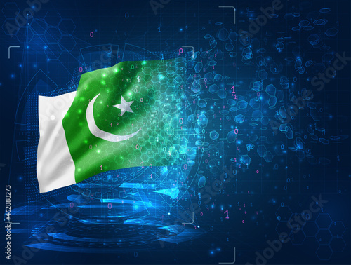 Pakistan, vector 3d flag on blue background with hud interfaces
