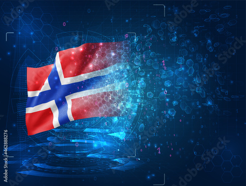 Norway, vector 3d flag on blue background with hud interfaces