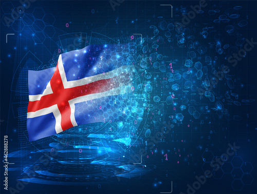 Iceland, vector 3d flag on blue background with hud interfaces