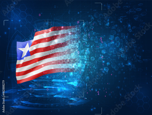 Liberia, vector 3d flag on blue background with hud interfaces