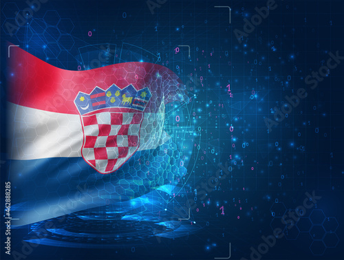 Croatia, vector 3d flag on blue background with hud interfaces