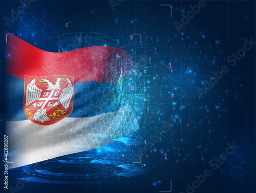 Serbia, vector 3d flag on blue background with hud interfaces