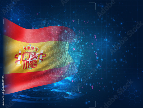 Spain, vector 3d flag on blue background with hud interfaces