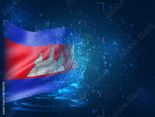 Cambodia, vector 3d flag on blue background with hud interfaces