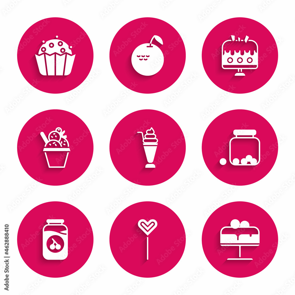 Set Milkshake, Lollipop, Cake on plate, Glass jar with candies inside, Cherry jam, Ice cream bowl, and Cupcake icon. Vector Set Milkshake, Lollipop, Cake on plate, Glass jar with candies inside, Cherry jam, Ice cream bowl, and Cupcake icon. Vector