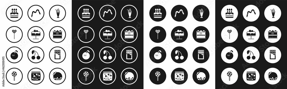 Set Milkshake, Cake on plate, Lollipop, with burning candles, Jelly worms candy, Chocolate bar and Apple icon. Vector Set Milkshake, Cake on plate, Lollipop, with burning candles, Jelly worms candy, Chocolate bar and Apple icon. Vector