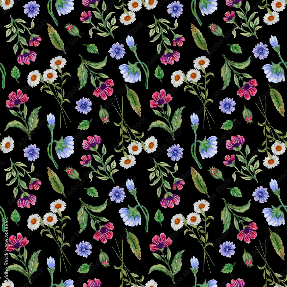 Floral seamless pattern botanical garden wild field flowers, green leaves and plants, Watercolor illustration summer spring meadow for fashion fabric Floral seamless pattern botanical garden wild field flowers, green leaves and plants, Watercolor illustration summer spring meadow for fashion fabric