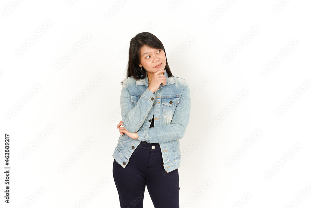 Thinking of Beautiful Asian Woman Wearing Jeans Jacket and black shirt Isolated On White Background Thinking of Beautiful Asian Woman Wearing Jeans Jacket and black shirt Isolated On White Background