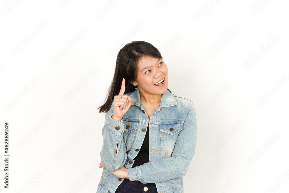 Thinking of Beautiful Asian Woman Wearing Jeans Jacket and black shirt Isolated On White Background Thinking of Beautiful Asian Woman Wearing Jeans Jacket and black shirt Isolated On White Background