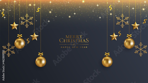 Golden Christmas balls, snow, and stars background. Festive xmas gold jewelry decoration and bright snowflakes, hanging on a ribbon.