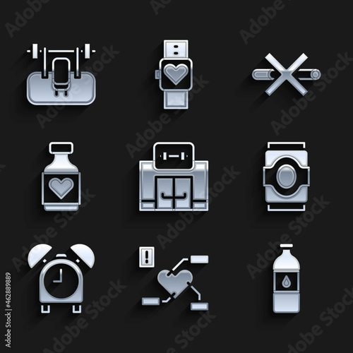 Set Gym building, Attention to health heart, Bottle of water, Soda can, Alarm clock, Vitamin pill, No Smoking and Bench with barbel icon. Vector