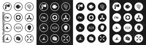 Set Coral, Lifebuoy, Flashlight, Boat propeller, turbine, Fish, Diving hood and Shark fin ocean wave icon. Vector